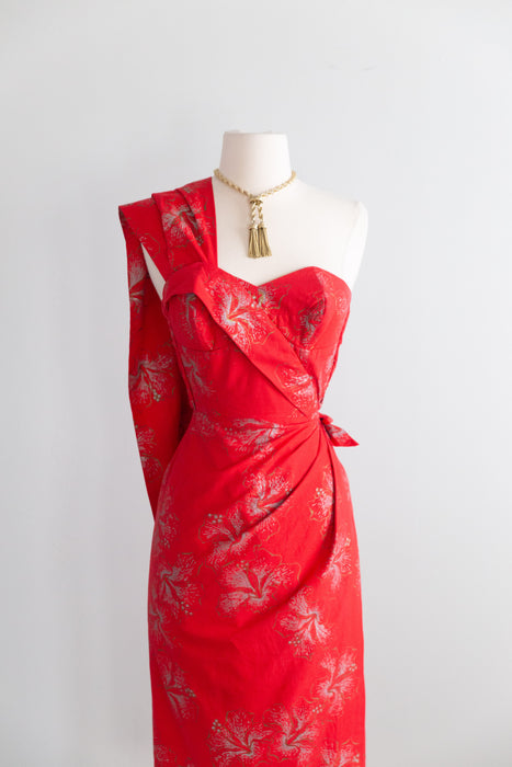 Iconic 1950's Alfred Shaheen Hawaiian Sarong Dress In Red Hibiscus Print / XS