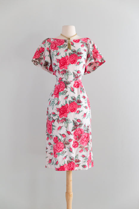 Fabulous 1950's Rose Print Wiggle Dress In Polished Cotton With Cape Sleeves / XS