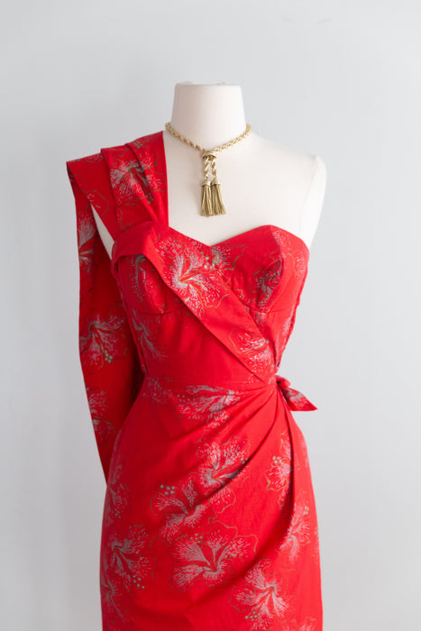 Iconic 1950's Alfred Shaheen Hawaiian Sarong Dress In Red Hibiscus Print / XS