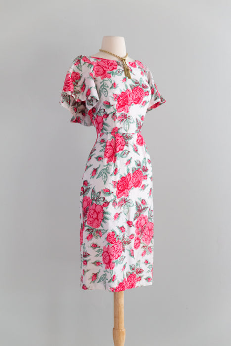 Fabulous 1950's Rose Print Wiggle Dress In Polished Cotton With Cape Sleeves / XS