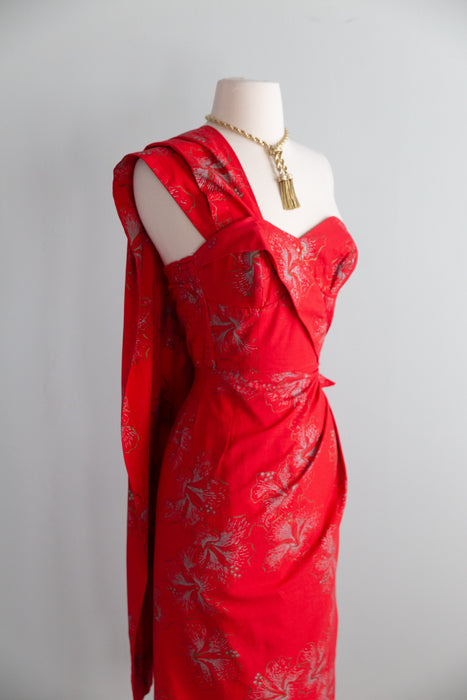 Iconic 1950's Alfred Shaheen Hawaiian Sarong Dress In Red Hibiscus Print / XS