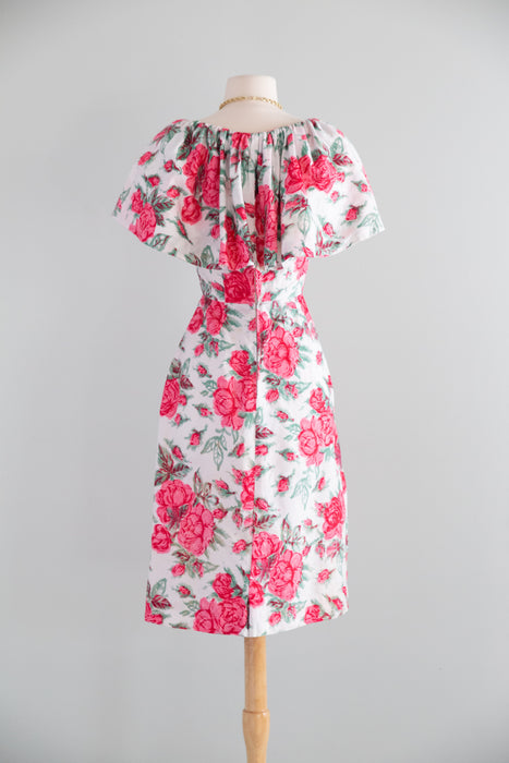 Fabulous 1950's Rose Print Wiggle Dress In Polished Cotton With Cape Sleeves / XS