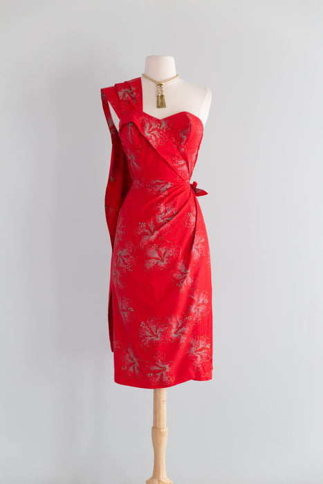 Iconic 1950's Alfred Shaheen Hawaiian Sarong Dress In Red Hibiscus Print / XS