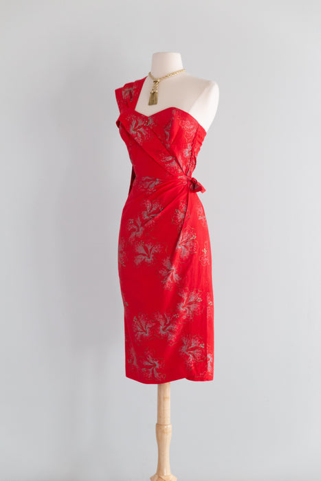 Iconic 1950's Alfred Shaheen Hawaiian Sarong Dress In Red Hibiscus Print / XS