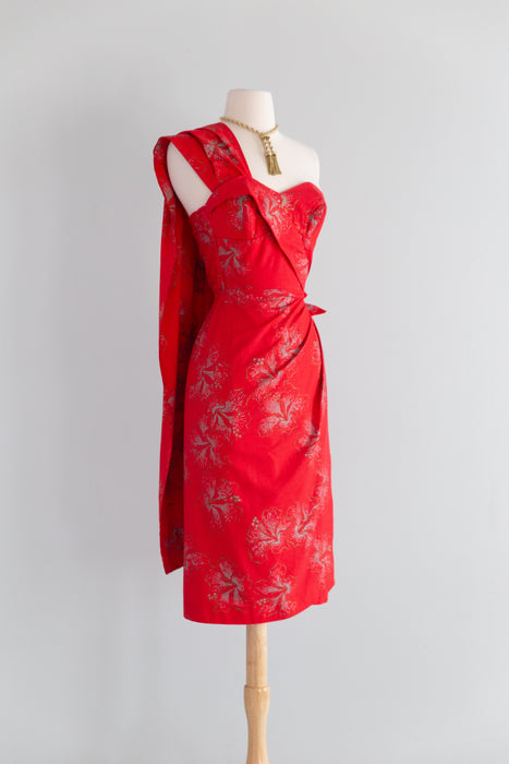 Iconic 1950's Alfred Shaheen Hawaiian Sarong Dress In Red Hibiscus Print / XS