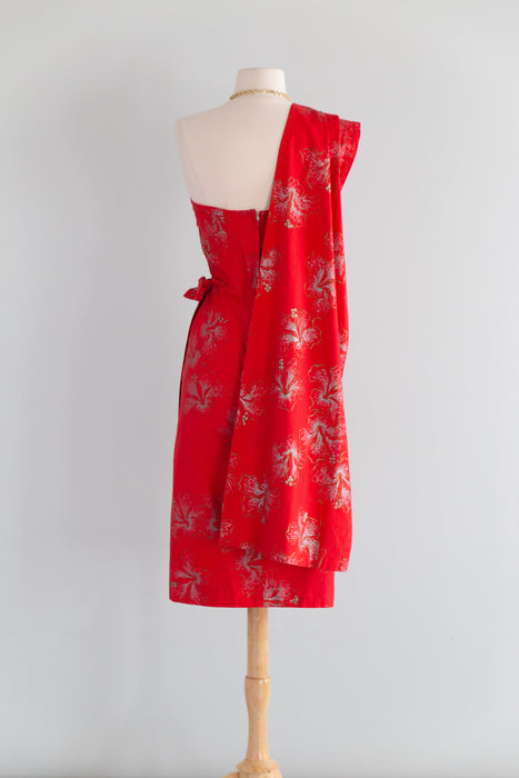 Iconic 1950's Alfred Shaheen Hawaiian Sarong Dress In Red Hibiscus Print / XS
