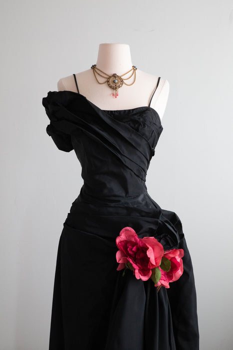 Spectacular 1950's 'La Vie En Rose' Black Taffeta Evening Gown / Medium