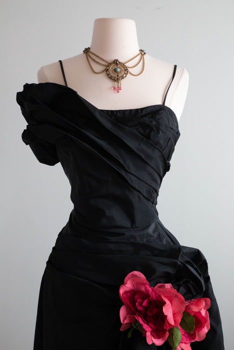 Spectacular 1950's 'La Vie En Rose' Black Taffeta Evening Gown / Medium