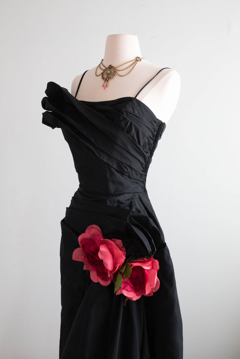 Spectacular 1950's 'La Vie En Rose' Black Taffeta Evening Gown / Medium