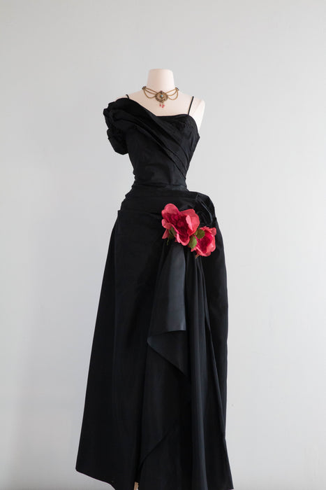 Spectacular 1950's 'La Vie En Rose' Black Taffeta Evening Gown / Medium