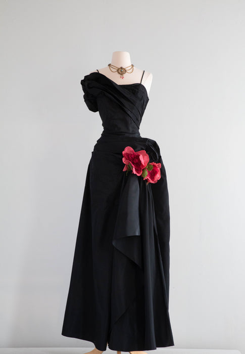 Spectacular 1950's 'La Vie En Rose' Black Taffeta Evening Gown / Medium