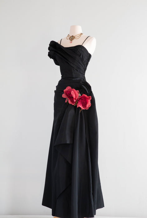 Spectacular 1950's 'La Vie En Rose' Black Taffeta Evening Gown / Medium