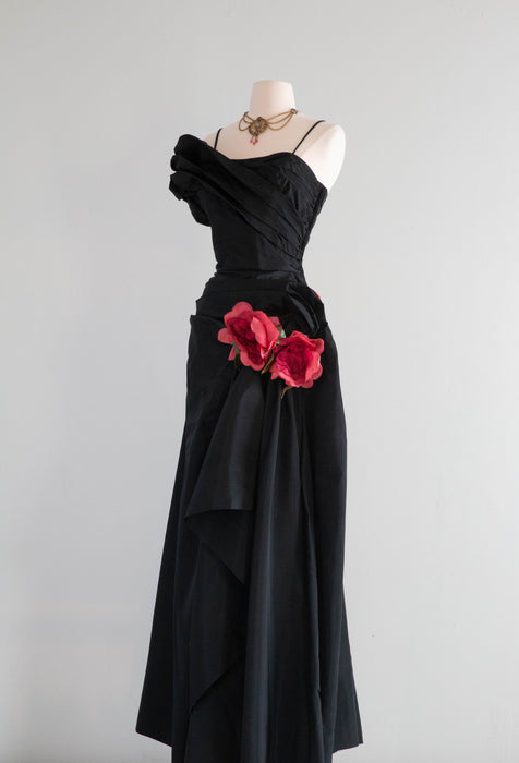 Spectacular 1950's 'La Vie En Rose' Black Taffeta Evening Gown / Medium