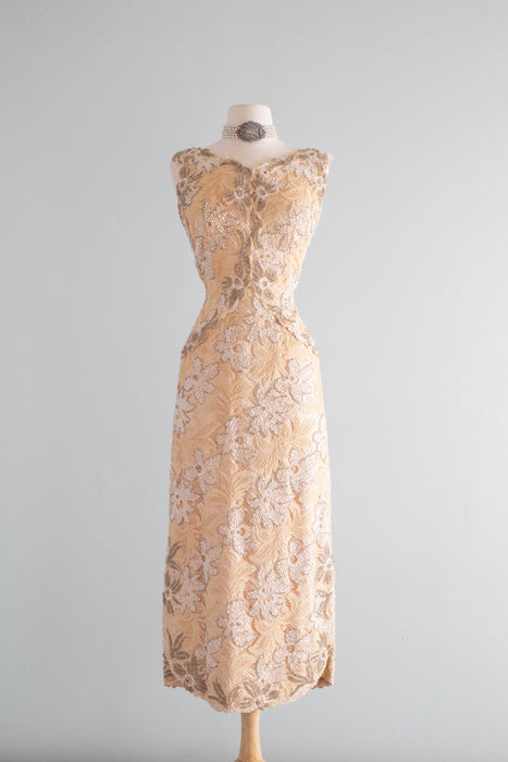 Exquisite 1960's Couture Lace Fully Beaded Evening Gown / Petite Medium