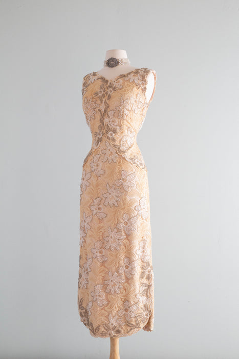 Exquisite 1960's Couture Lace Fully Beaded Evening Gown / Petite Medium