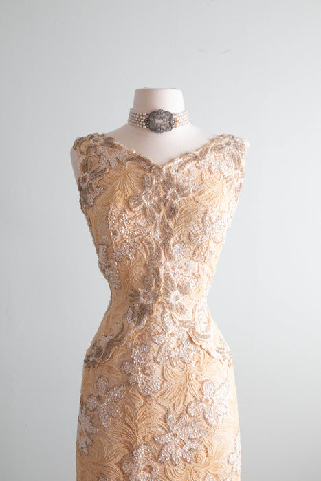 Exquisite 1960's Couture Lace Fully Beaded Evening Gown / Petite Medium