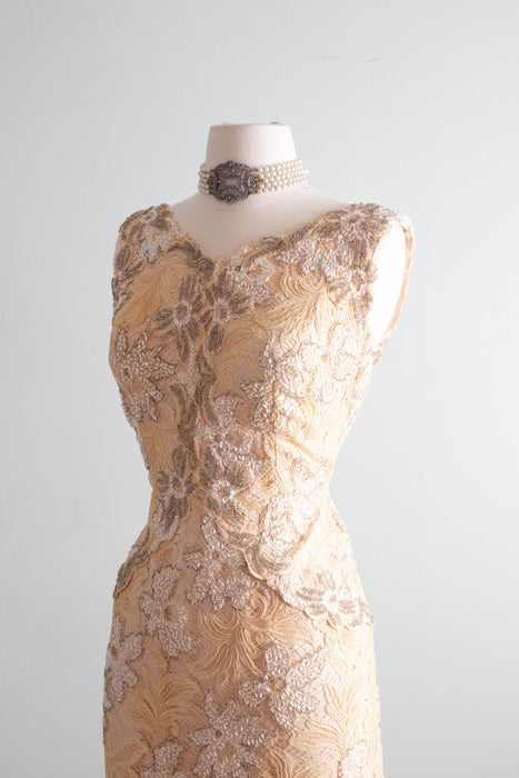 Exquisite 1960's Couture Lace Fully Beaded Evening Gown / Petite Medium