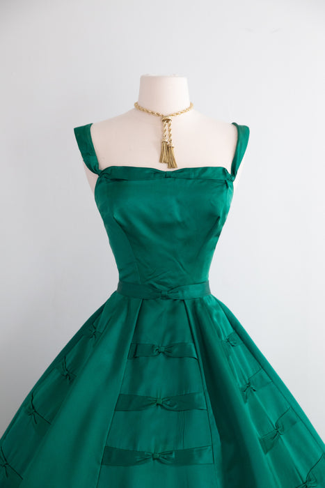 1950's Demi Couture Emerald Green Silk Cocktail Dress By Rappi / Waist 27