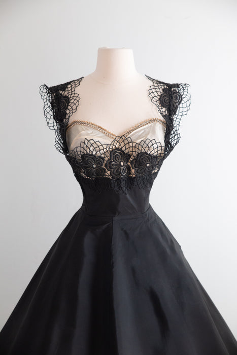 Wicked 1950's Black Cocktail Dress With Dramatic Bodice / S