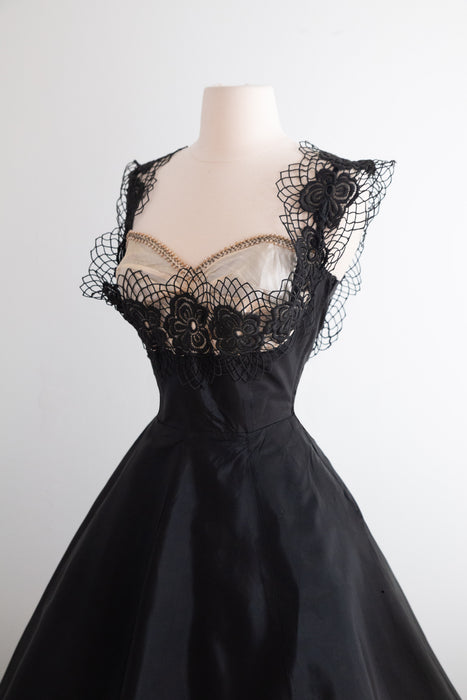 Wicked 1950's Black Cocktail Dress With Dramatic Bodice / S
