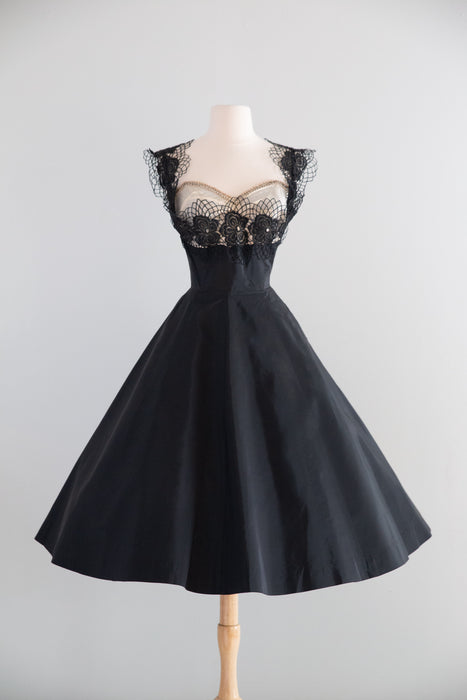 Wicked 1950's Black Cocktail Dress With Dramatic Bodice / S