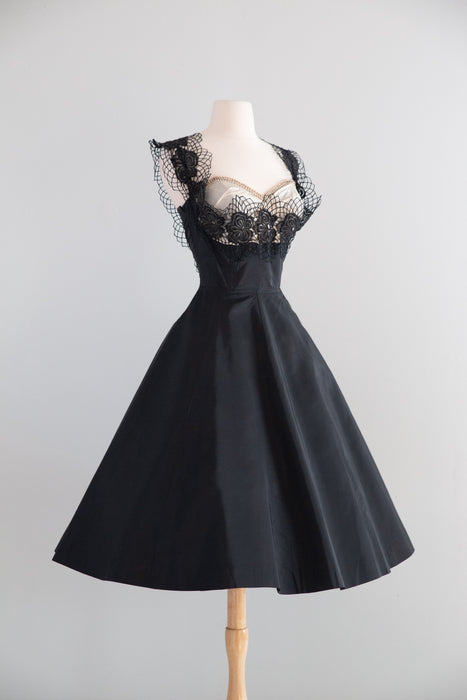 Wicked 1950's Black Cocktail Dress With Dramatic Bodice / S