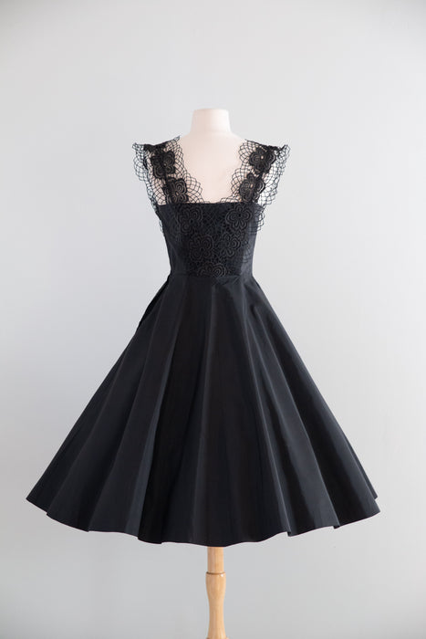 Wicked 1950's Black Cocktail Dress With Dramatic Bodice / S