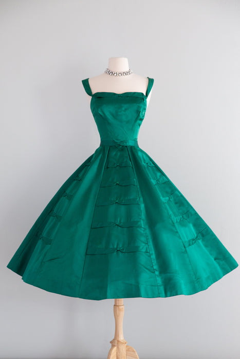 1950's Demi Couture Emerald Green Silk Cocktail Dress By Rappi / Waist 27
