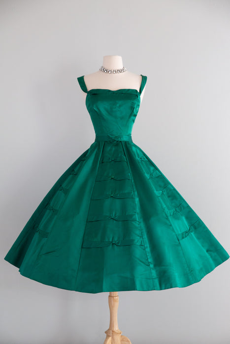 1950's Demi Couture Emerald Green Silk Cocktail Dress By Rappi / Waist 27