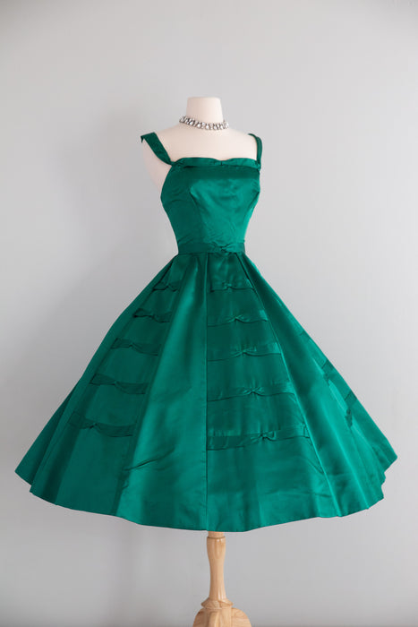 1950's Demi Couture Emerald Green Silk Cocktail Dress By Rappi / Waist 27