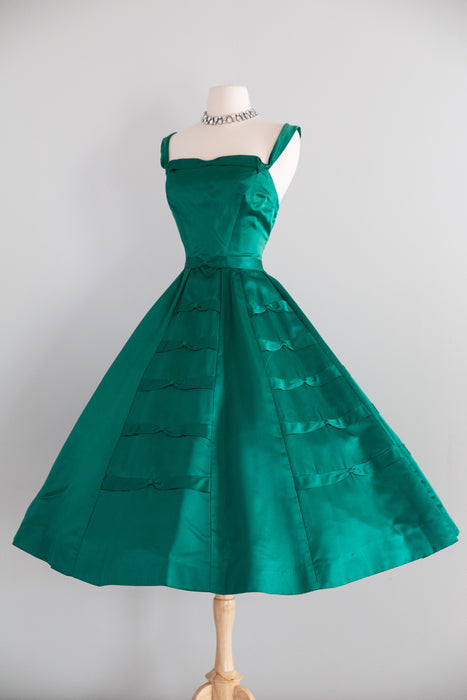 1950's Demi Couture Emerald Green Silk Cocktail Dress By Rappi / Waist 27