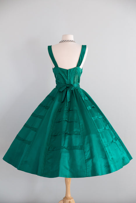 1950's Demi Couture Emerald Green Silk Cocktail Dress By Rappi / Waist 27