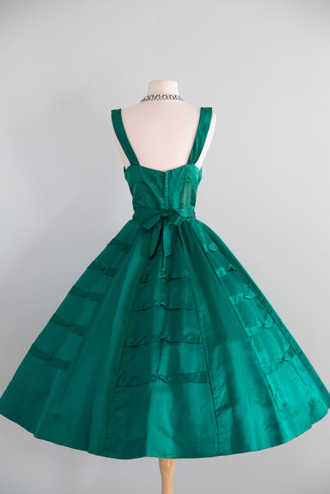 1950's Demi Couture Emerald Green Silk Cocktail Dress By Rappi / Waist 27