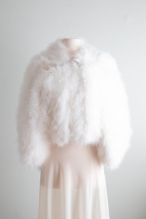 Glamorous Vintage White Marabou Jacket With Rhinestone Crescents / SM