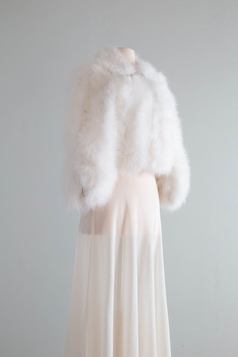 Glamorous Vintage White Marabou Jacket With Rhinestone Crescents / SM