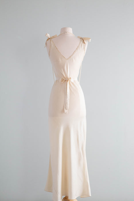 Vintage 1930's Silk Bias Cut Slip Dress With Tie Shoulders Lace SM