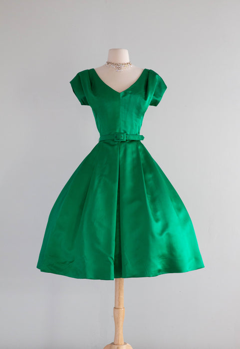 1950's Demi Couture Emerald Green Silk Satin Cocktail Dress By Mollie Xtabay Vintage 1950's Demi Couture Emerald Green Silk Satin Cocktail Dress By Mollie Xtabay Vintage