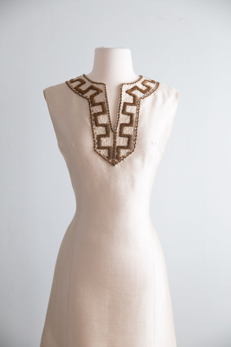 Stunning 1960's Shantung Silk Beaded Cocktail Dress / SM
