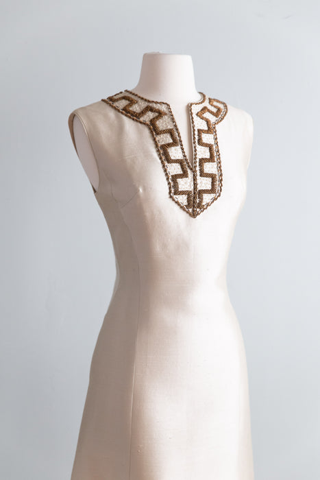 Stunning 1960's Shantung Silk Beaded Cocktail Dress / SM