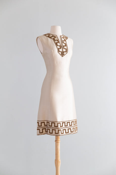 Stunning 1960's Shantung Silk Beaded Cocktail Dress / SM