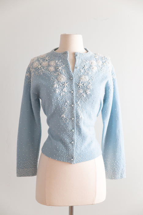 Beautiful 1960's Powder Blue Beaded Lambswool Cardigan / M