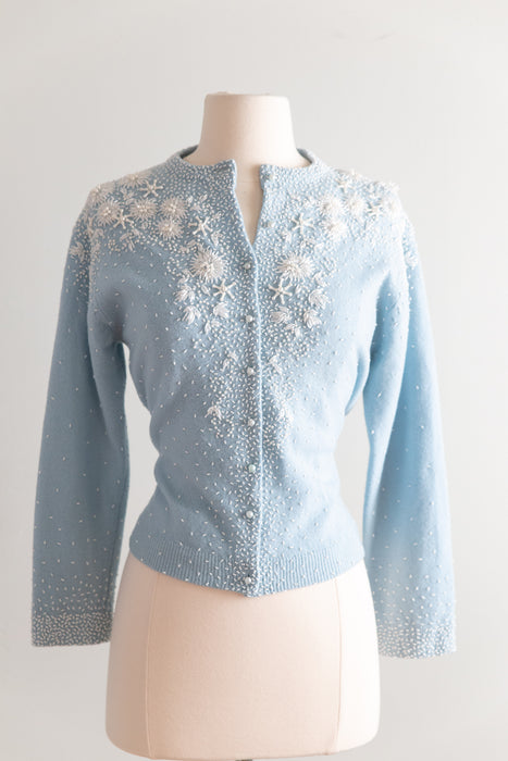 Beautiful 1960's Powder Blue Beaded Lambswool Cardigan / M