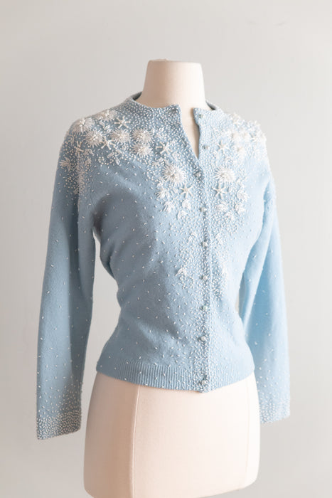 Beautiful 1960's Powder Blue Beaded Lambswool Cardigan / M