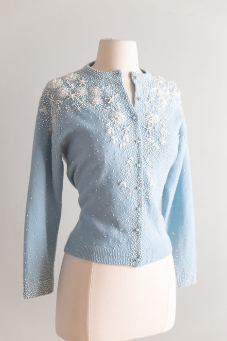 Beautiful 1960's Powder Blue Beaded Lambswool Cardigan / M