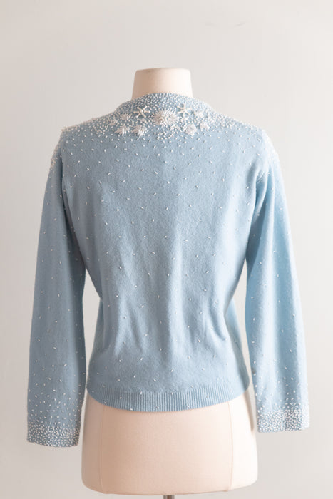 Beautiful 1960's Powder Blue Beaded Lambswool Cardigan / M
