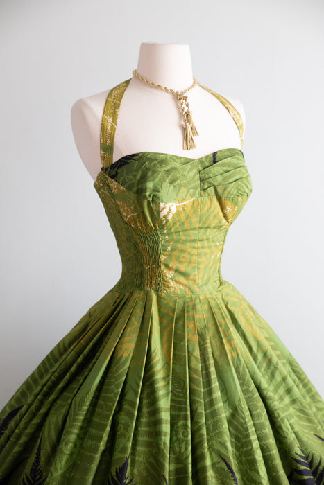 Spectacular 1950's Alfred Shaheen Green Fern Print Hawaiian Halter Dress / S