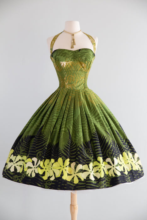 Spectacular 1950's Alfred Shaheen Green Fern Print Hawaiian Halter Dress / S