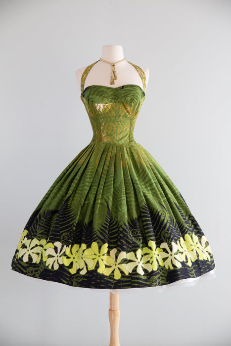Spectacular 1950's Alfred Shaheen Green Fern Print Hawaiian Halter Dress / S