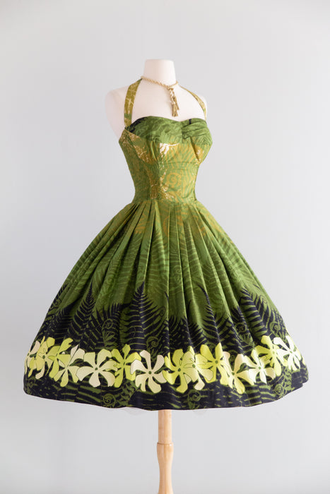 Spectacular 1950's Alfred Shaheen Green Fern Print Hawaiian Halter Dress / S