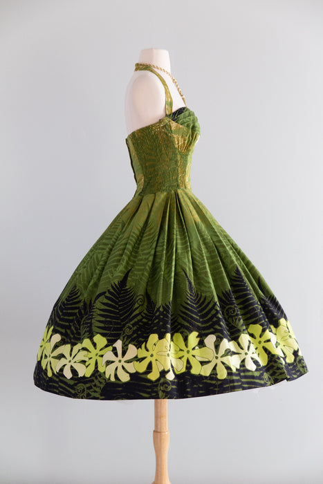 Spectacular 1950's Alfred Shaheen Green Fern Print Hawaiian Halter Dress / S